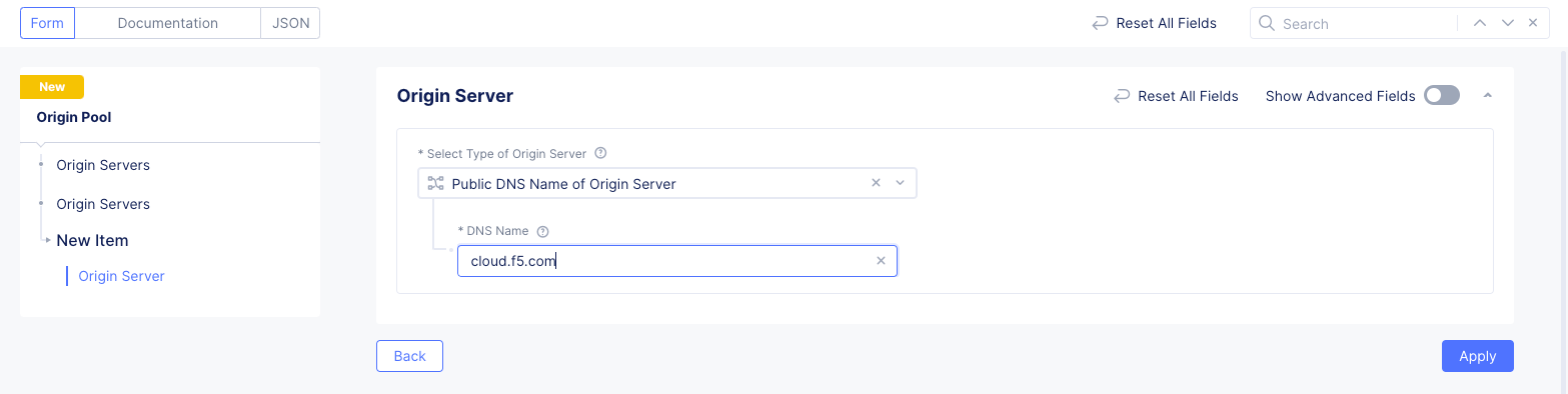 Figure: Origin Pool Basic Configuration 