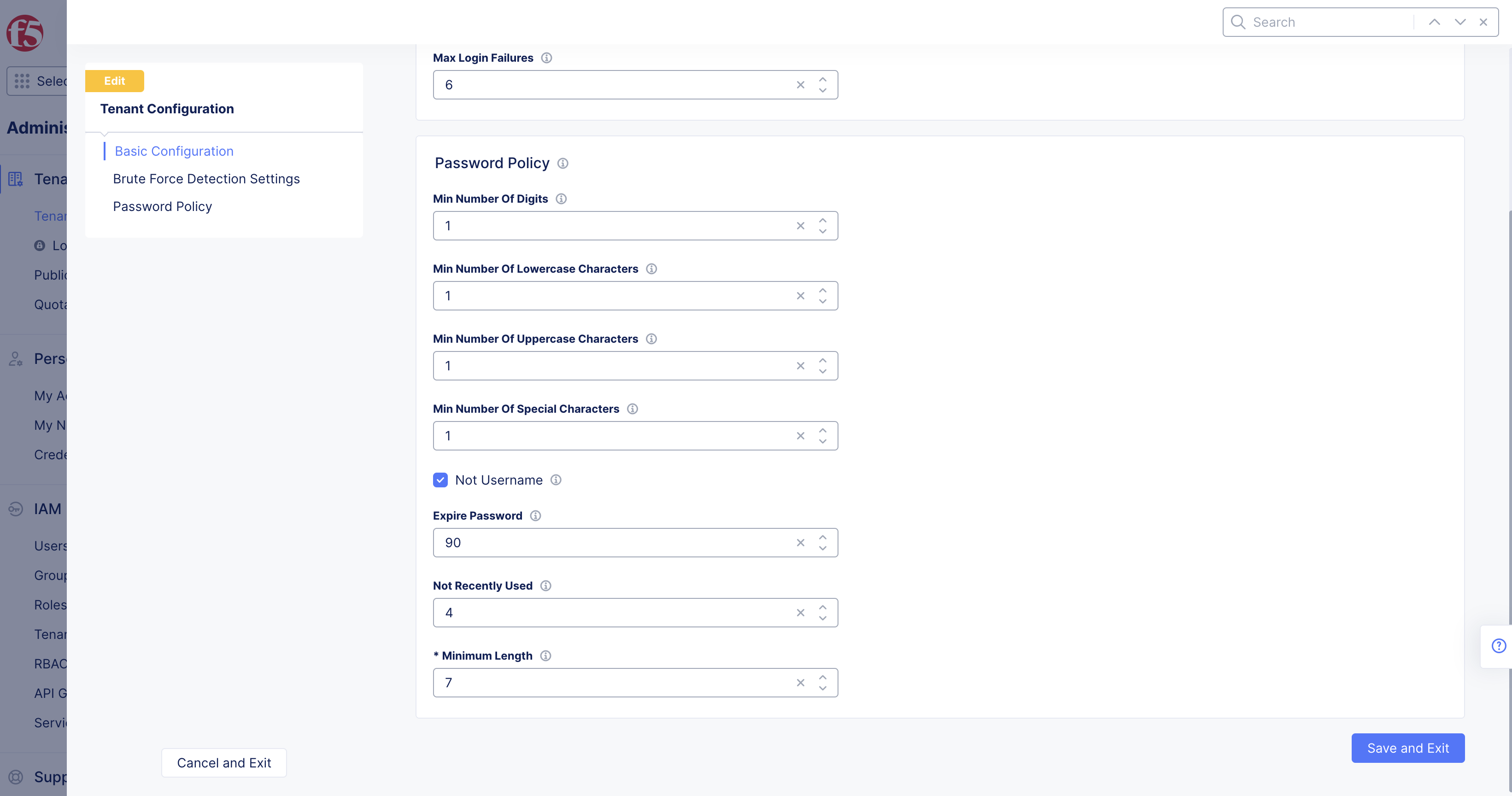 Figure: Tenant Password Policy Settings