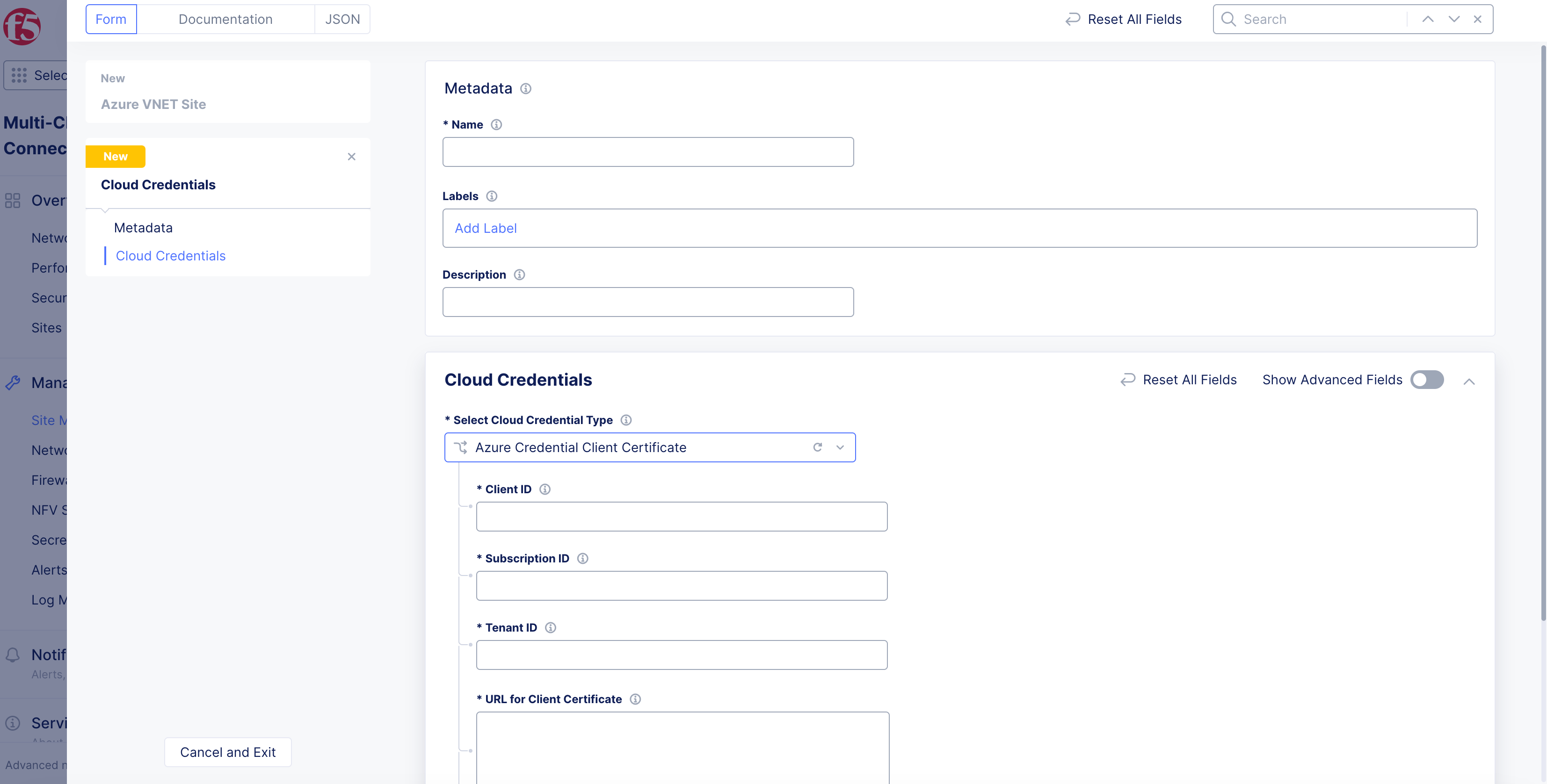 Figure: Azure Credential Creation Form