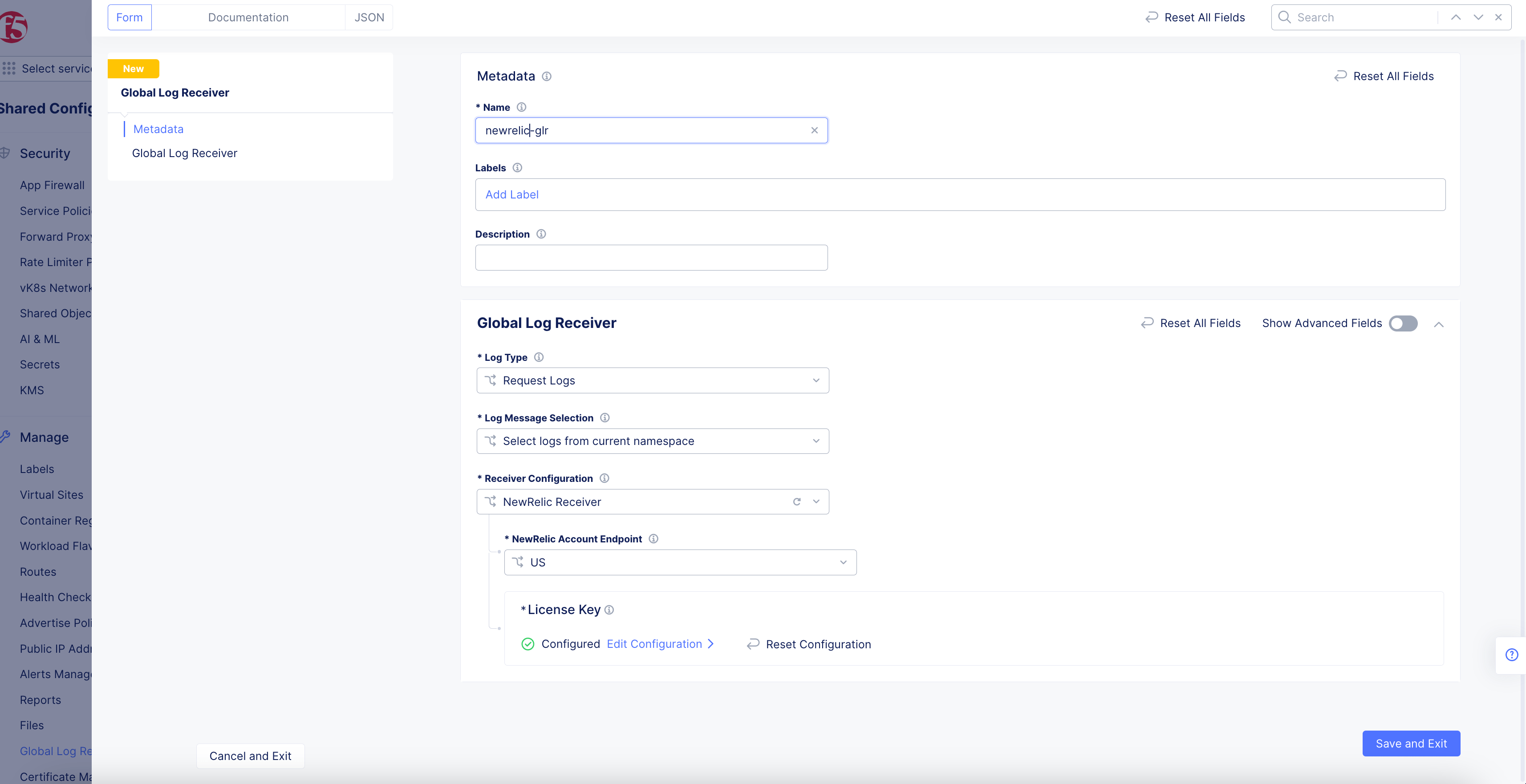 Figure: NewRelic Log Receiver Configuration