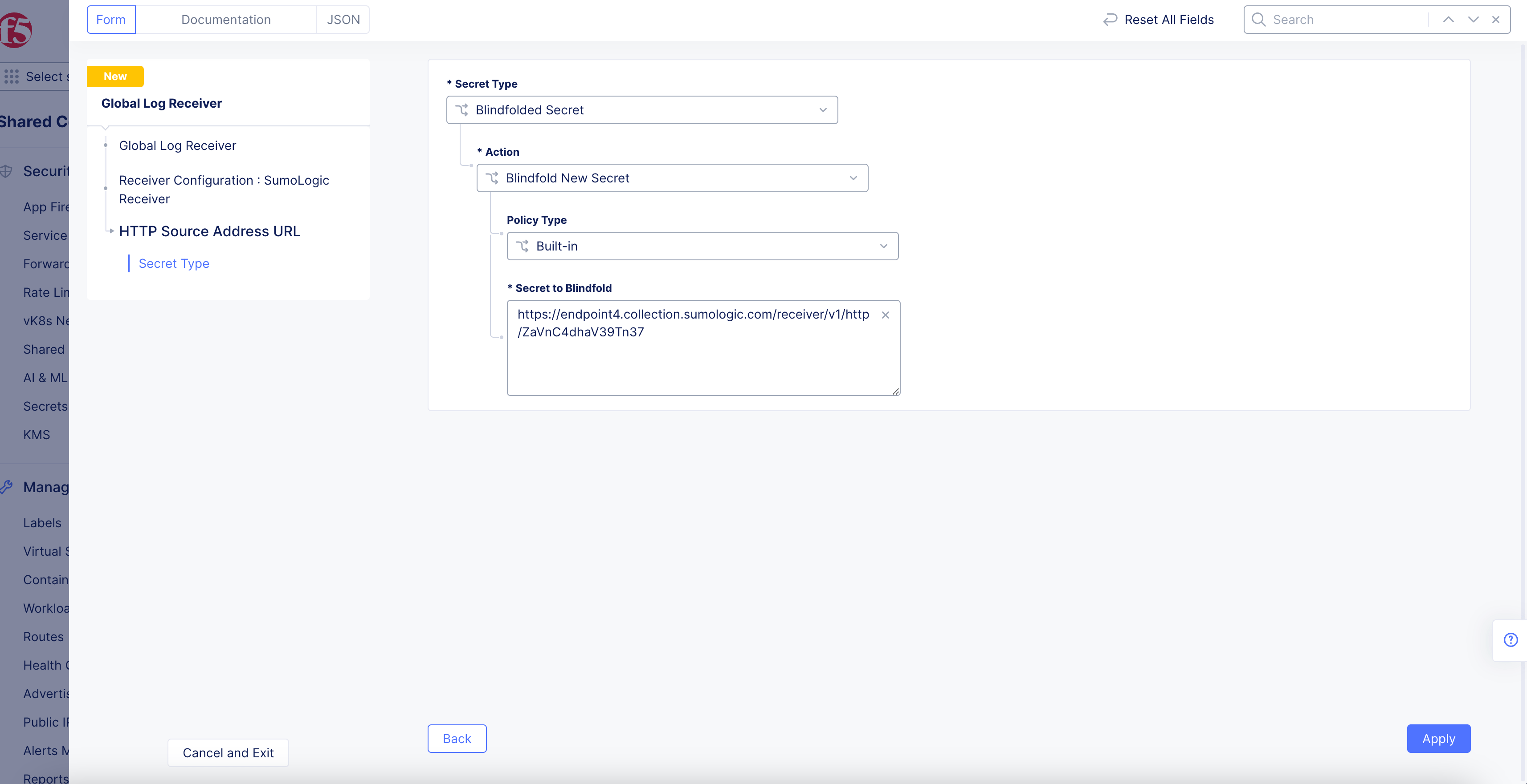 Figure: SumoLogic Source Address URL